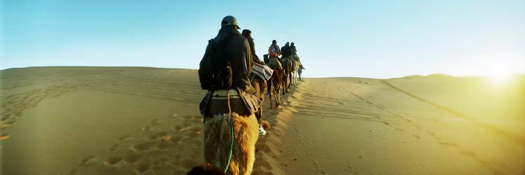 Row of people riding camels through the desert, Sahara Desert, Morocco