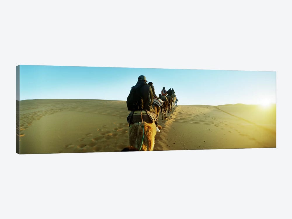 Row of people riding camels through the desert, Sahara Desert, Morocco by Panoramic Images 1-piece Canvas Print