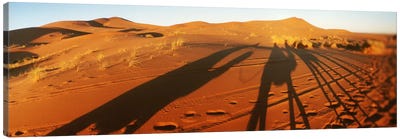 Shadows of camel riders in the desert at sunset, Sahara Desert, Morocco Canvas Art Print - Desert Landscape Photography