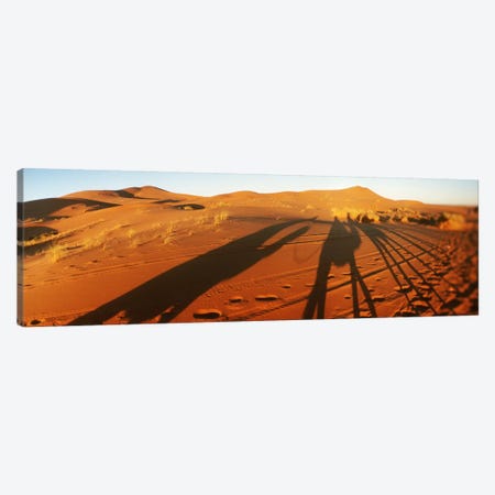 Shadows of camel riders in the desert at sunset, Sahara Desert, Morocco Canvas Print #PIM9592} by Panoramic Images Canvas Art