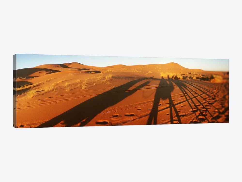 Shadows of camel riders in the desert at sunset, Sahara Desert, Morocco by Panoramic Images 1-piece Canvas Wall Art