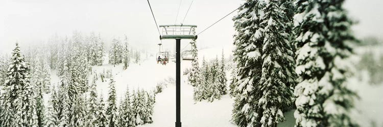 Chair lift and snowy evergreen trees at Stevens PassWashington State, USA