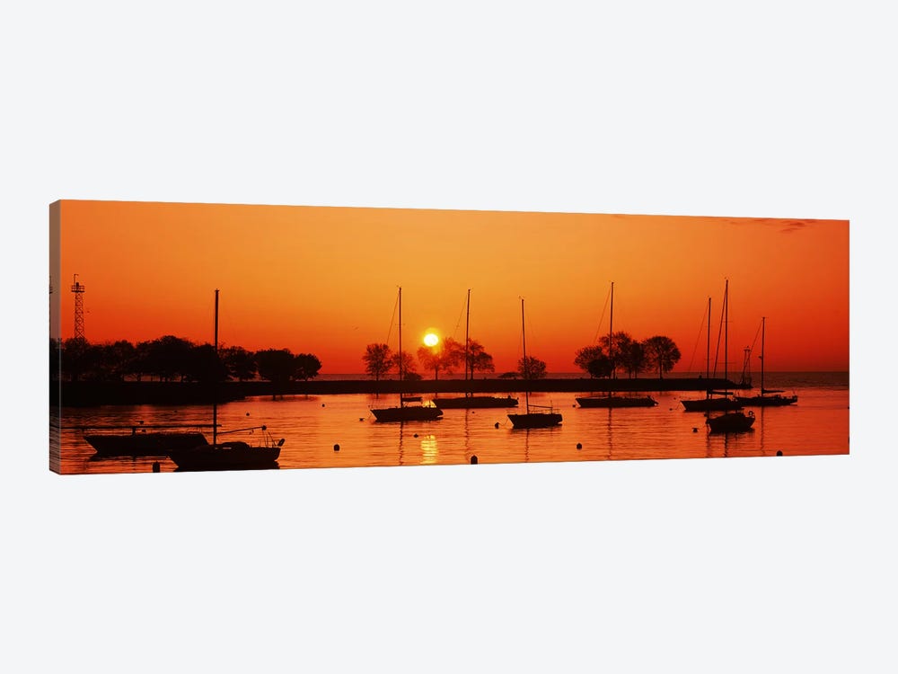 Silhouette of boats in a lake, Lake Michigan, Great Lakes, Michigan, USA by Panoramic Images 1-piece Canvas Art