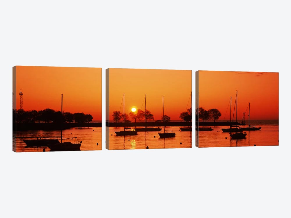 Silhouette of boats in a lake, Lake Michigan, Great Lakes, Michigan, USA by Panoramic Images 3-piece Canvas Art