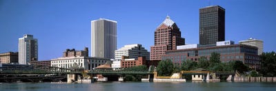 Buildings at the waterfront, Genesee River, Rochester, Monroe County, New York State, USA 2011 by Panoramic Images framed canvas print