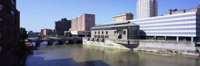 Buildings at the waterfront, Genesee River, Rochester, Monroe County, New York State, USA by Panoramic Images framed canvas print