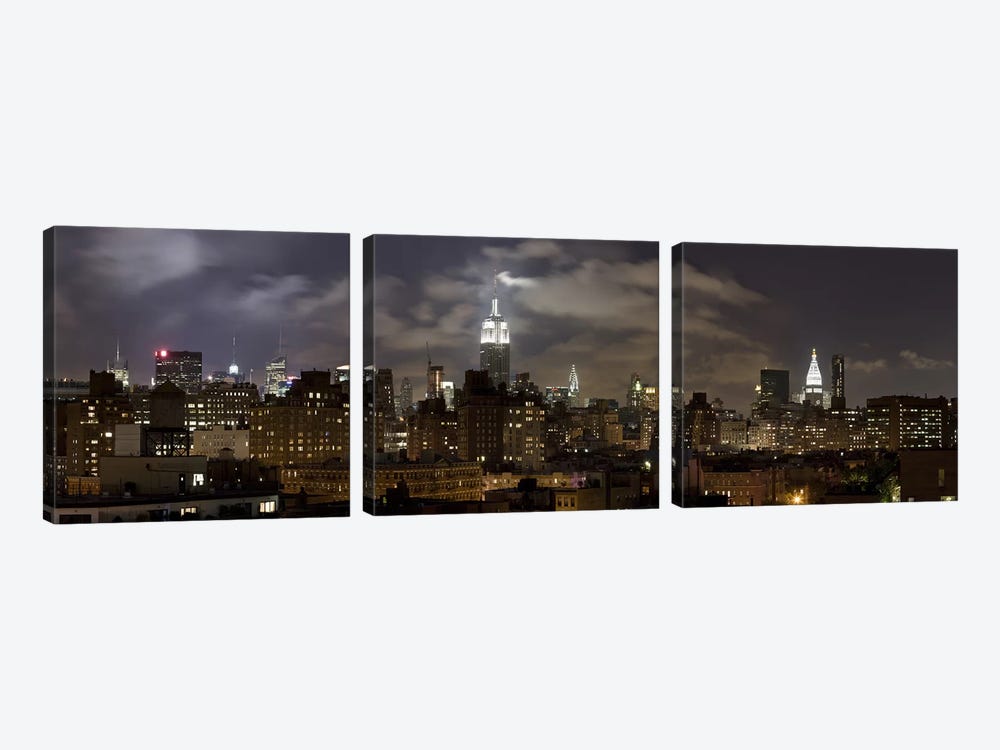Buildings lit up at night, Empire State Building, Manhattan, New York City, New York State, USA 2009 by Panoramic Images 3-piece Canvas Art