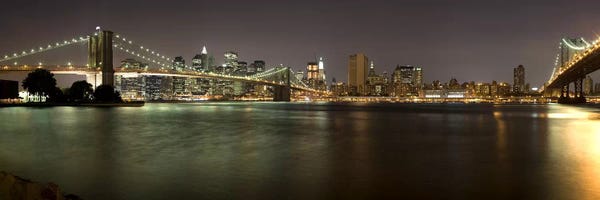 Brooklyn: Brooklyn Bridge and Manhattan Bridge across East River at night, Manhattan, New York City, New York State, USA by Panoramic Images