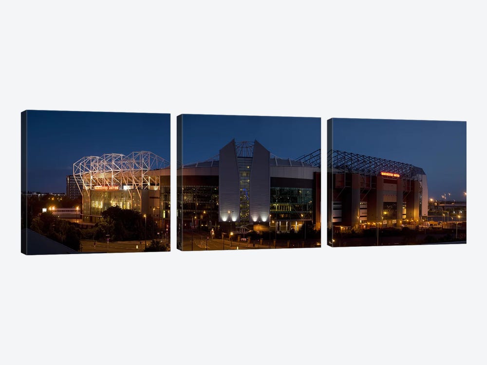 Football stadium lit up at night, Old Trafford, Greater Manchester, England by Panoramic Images 3-piece Art Print