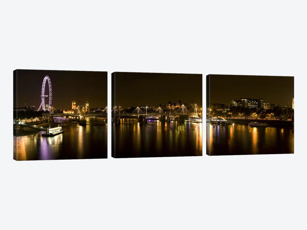 Nighttime View Down The Thames From Waterloo Bridge, London, England by Panoramic Images 3-piece Canvas Print