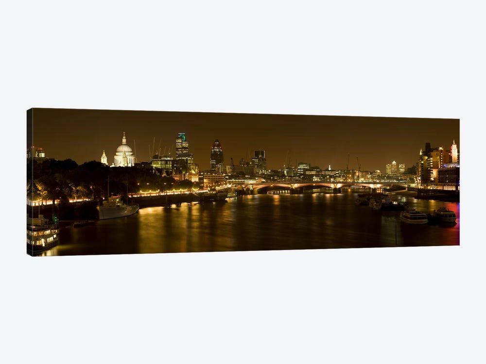 Nighttime View Of The City Of London From Waterloo Bridge, London, England by Panoramic Images 1-piece Canvas Artwork
