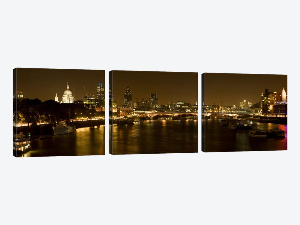Nighttime View Of The City Of London From Waterloo Bridge, London, England by Panoramic Images 3-piece Canvas Artwork