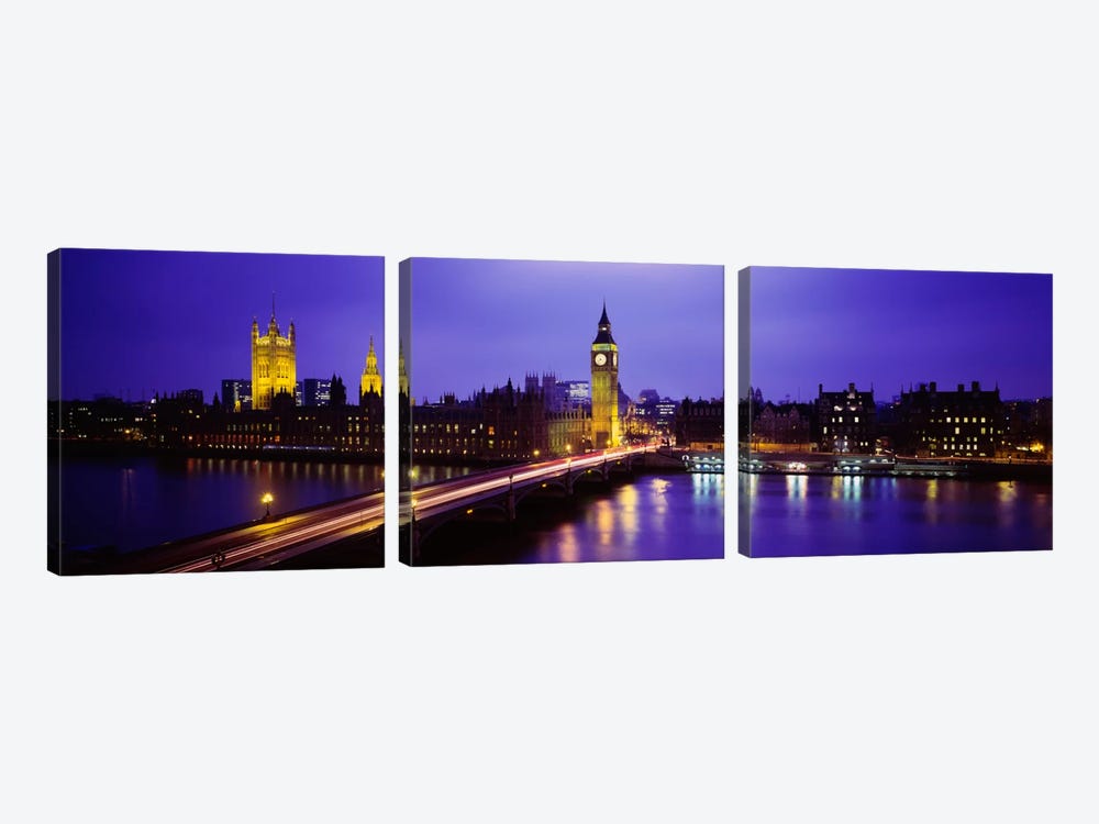 Palace Of Westminster & Westminster Bridge At Night, City Of Westminster,  London, England, United Kingdom by Panoramic Images 3-piece Canvas Wall Art