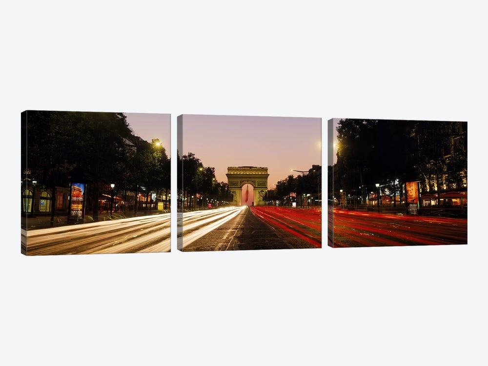 Blurred Motion View Of Nighttime Traffic On Avenue des Champs-Elysees Looking Toward Arc de Triomphe, Paris, France by Panoramic Images 3-piece Canvas Wall Art