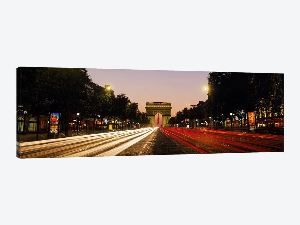 Blurred Motion View Of Nighttime Traffic On Avenue des Champs-Elysees Looking Toward Arc de Triomphe, Paris, France by Panoramic Images 1-piece Canvas Wall Art