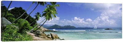 Coastal Landscape With A Distant View Of Praslin Island From Anse Severe Beach, La Digue, Seychelles Canvas Art Print - Africa Art
