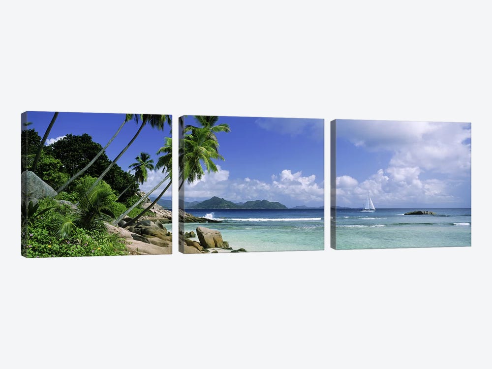 Coastal Landscape With A Distant View Of Praslin Island From Anse Severe Beach, La Digue, Seychelles by Panoramic Images 3-piece Canvas Artwork