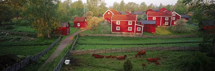 Traditional red farm houses and barns at village, Stensjoby, Smaland, Sweden