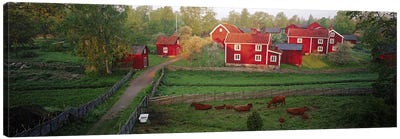 Traditional red farm houses and barns at village, Stensjoby, Smaland, Sweden Canvas Art Print - Village & Town Art