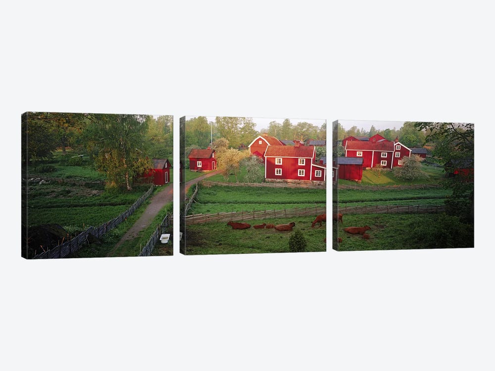 Traditional red farm houses and barns at village, Stensjoby, Smaland, Sweden by Panoramic Images 3-piece Canvas Art