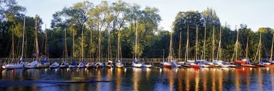 Sailboats moored at a dock, Langholmens Canal, Stockholm, Sweden by Panoramic Images canvas print