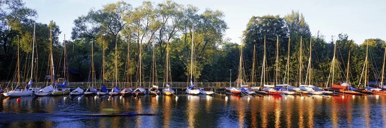 Sailboats moored at a dock, Langholmens Canal, Stockholm, Sweden