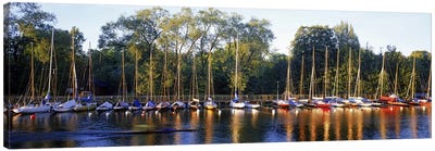 Sailboats moored at a dock, Langholmens Canal, Stockholm, Sweden Canvas Art Print - River, Creek & Stream Art