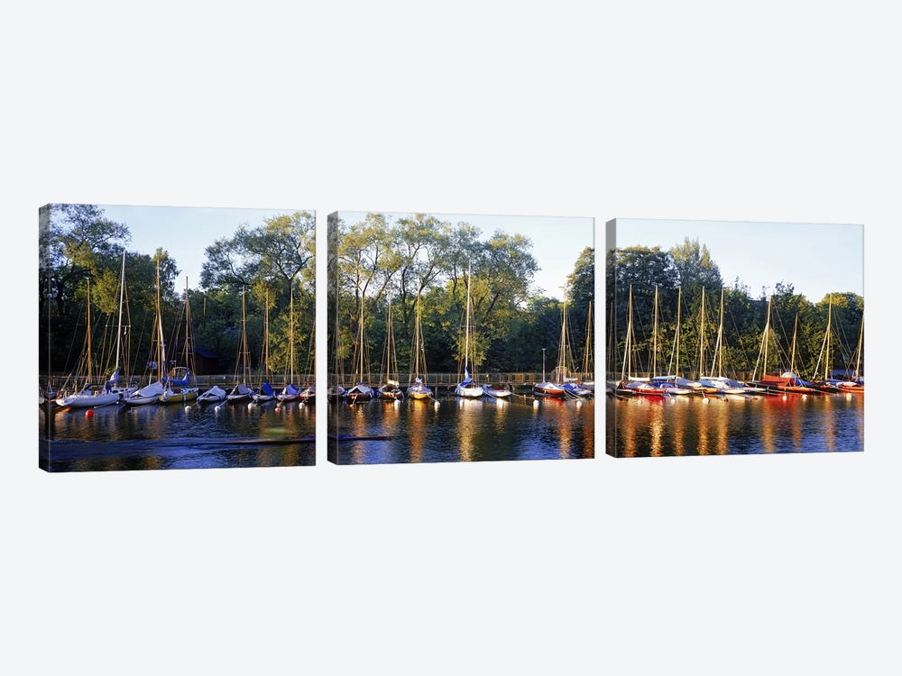 Sailboats moored at a dock, Langholmens Canal, Stockholm, Sweden by Panoramic Images 3-piece Canvas Artwork