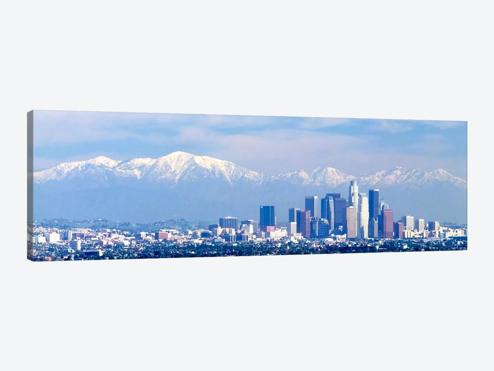 Buildings in a city with snowcapped mountains in the background, San Gabriel Mountains, City of Los Angeles, California, USA by Panoramic Images 1-piece Canvas Wall Art