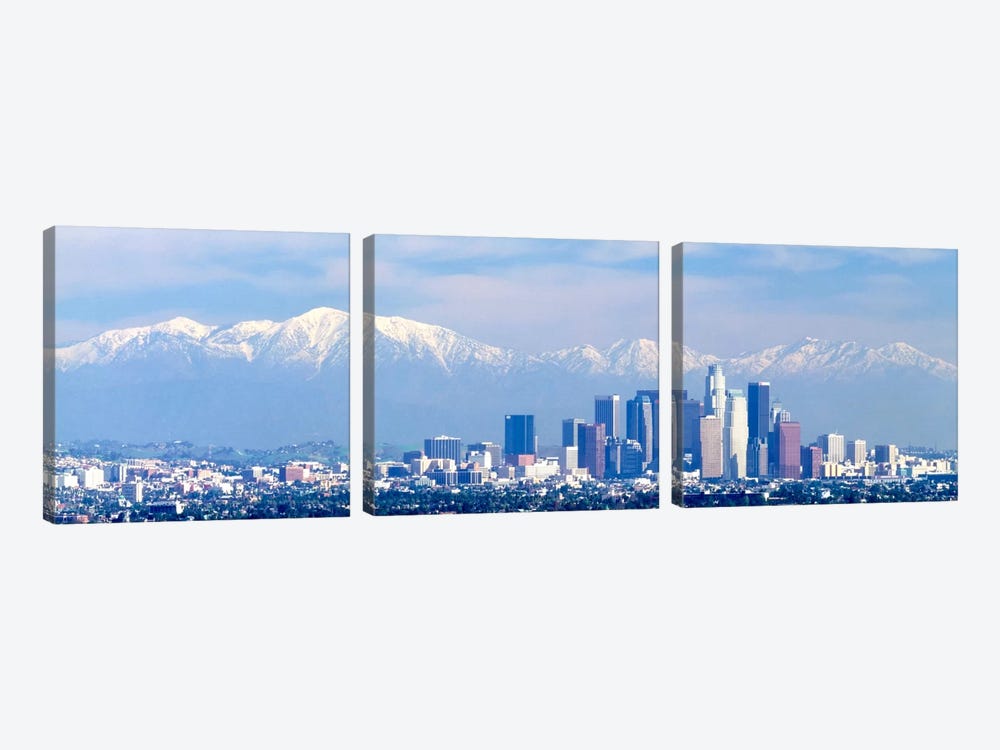 Buildings in a city with snowcapped mountains in the background, San Gabriel Mountains, City of Los Angeles, California, USA by Panoramic Images 3-piece Canvas Artwork