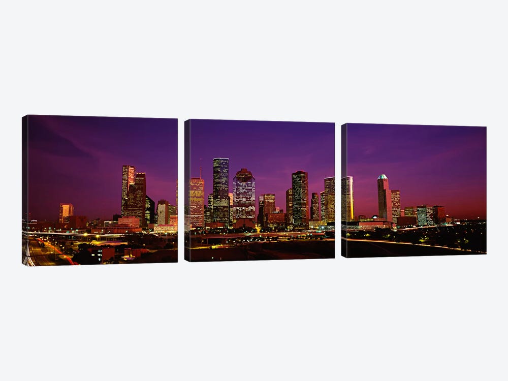 Buildings lit up at night, Houston, Texas, USA by Panoramic Images 3-piece Canvas Wall Art