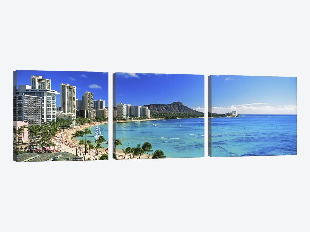 Palm trees on the beach, Diamond Head, Waikiki Beach, Oahu, Honolulu, Hawaii, USA #2 by Panoramic Images 3-piece Canvas Art