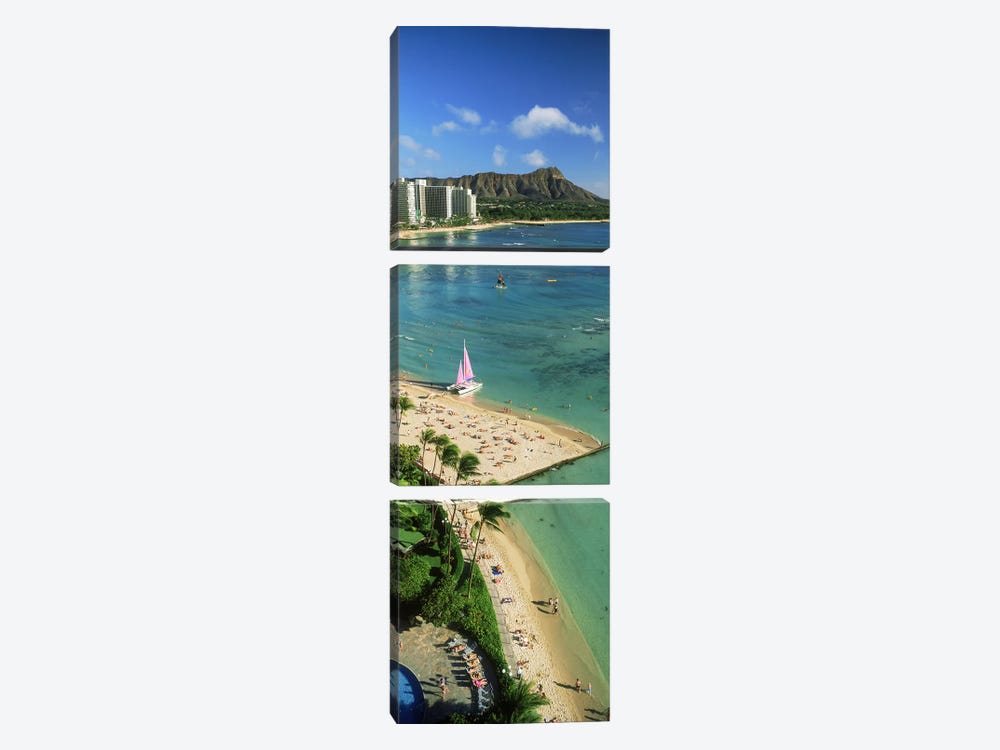Aerial view of a beachDiamond Head, Waikiki Beach, Oahu, Honolulu, Hawaii, USA by Panoramic Images 3-piece Canvas Art
