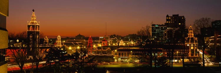 Buildings lit up at night, La Giralda, Kansas City, Missouri, USA