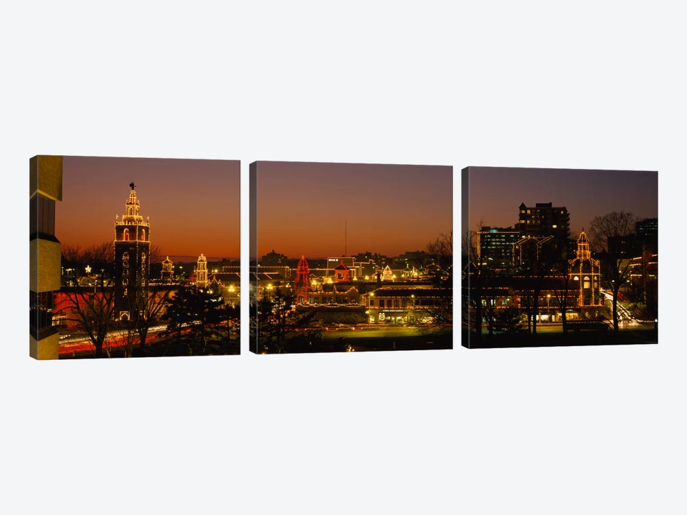 Buildings lit up at night, La Giralda, Kansas City, Missouri, USA by Panoramic Images 3-piece Canvas Print