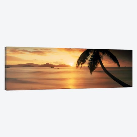 Silhouette of a palm tree on the beach at sunsetAnse Severe, La Digue Island, Seychelles Canvas Print #PIM9860} by Panoramic Images Canvas Wall Art
