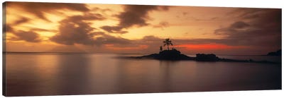 Silhouette of a palm tree on an island at sunsetAnse Severe, La Digue Island, Seychelles Canvas Art Print - Island Art