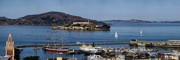 Islands: Prison on an island, Alcatraz Island, Aquatic Park Historic District, Fisherman's Wharf, San Francisco, California, USA by Panoramic Images