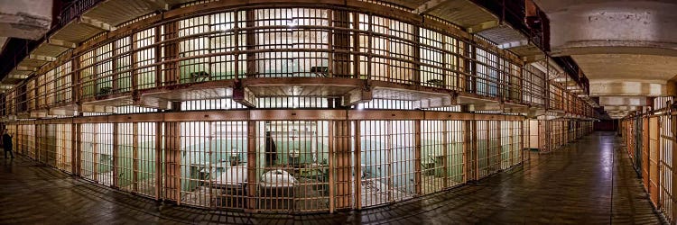 180 degree view of the corridor of a prison, Alcatraz Island, San Francisco, California, USA