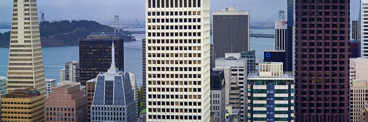 Skyscrapers in the financial district with the bay bridge in the background, San Francisco, California, USA 2011