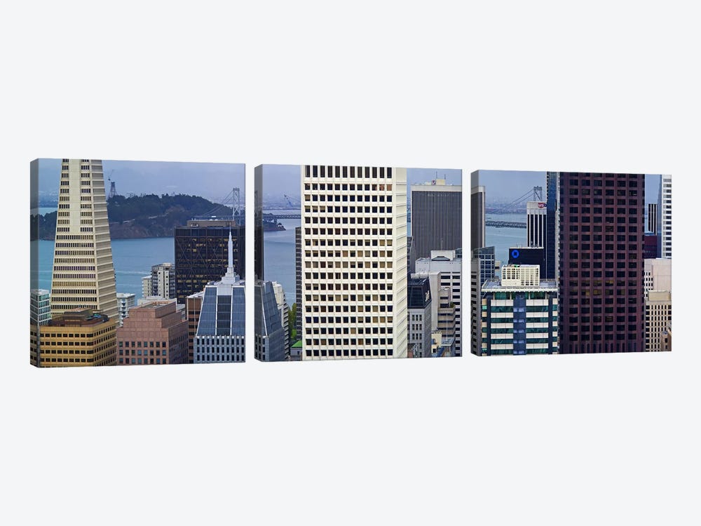 Skyscrapers in the financial district with the bay bridge in the background, San Francisco, California, USA 2011 by Panoramic Images 3-piece Canvas Print