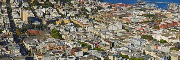 Columbus: Aerial view of buildings in a city, Columbus Avenue and Fisherman's Wharf, San Francisco, California, USA by Panoramic Images