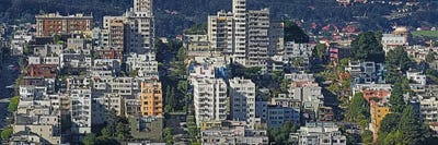 Aerial view of buildings in a city, Russian Hill, Lombard Street and Crookedest Street, San Francisco, California, USA by Panoramic Images framed canvas print