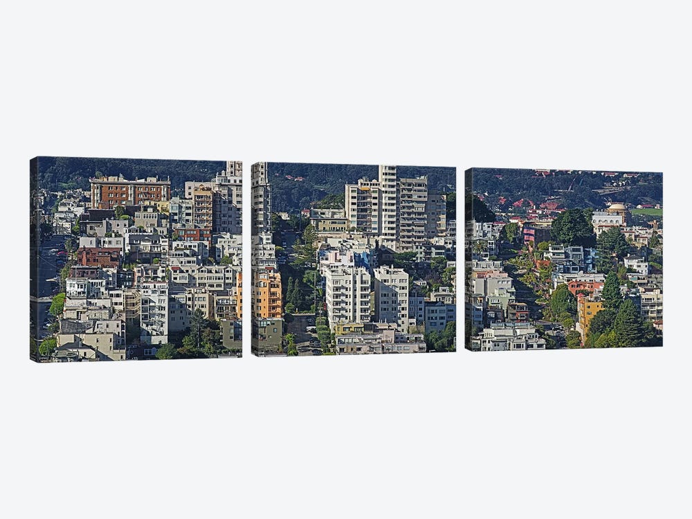Aerial view of buildings in a city, Russian Hill, Lombard Street and Crookedest Street, San Francisco, California, USA by Panoramic Images 3-piece Art Print