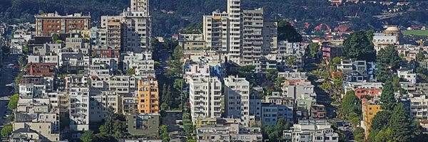 San Francisco: Aerial view of buildings in a city, Russian Hill, Lombard Street and Crookedest Street, San Francisco, California, USA by Panoramic Images