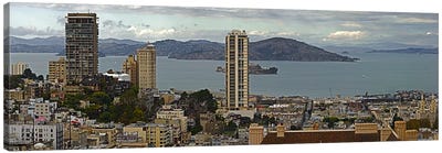 Buildings in a city with Alcatraz Island in San Francisco Bay, San Francisco, California, USA Canvas Art Print - Island Art