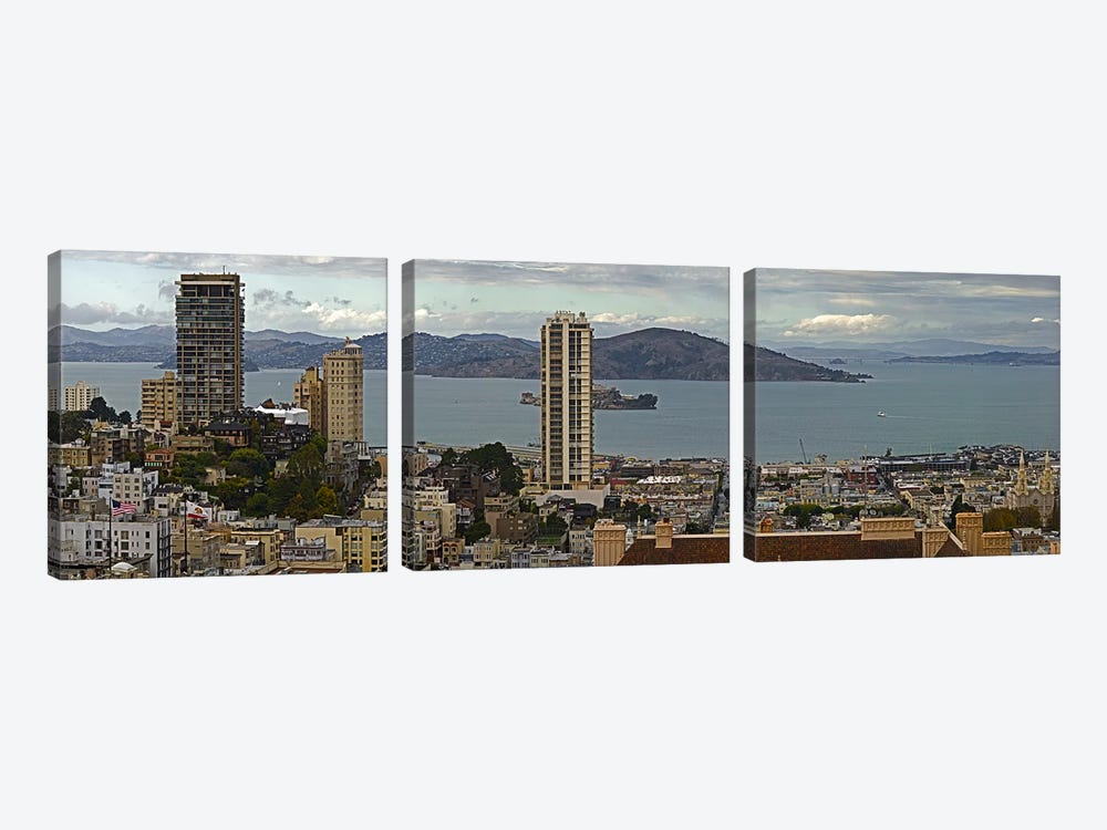 Buildings in a city with Alcatraz Island in San Francisco Bay, San Francisco, California, USA by Panoramic Images 3-piece Canvas Wall Art