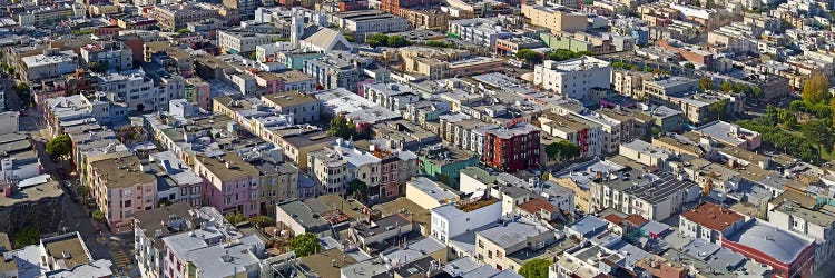 Aerial view of colorful houses near Washington Square and Columbus Avenue, San Francisco, California, USA