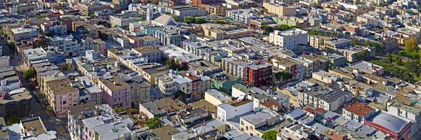 Columbus: Aerial view of colorful houses near Washington Square and Columbus Avenue, San Francisco, California, USA by Panoramic Images
