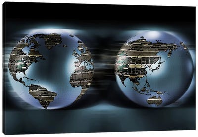 Two sides of earths made of digital circuits Canvas Art Print - Globes